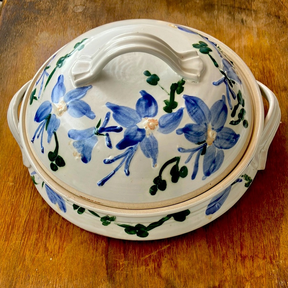 Howard 96010 Handmade White w. Blue Flowers Covered Round Deep Ceramic Dish
